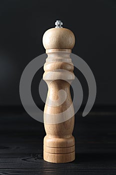 Spice shaker on black wooden table, closeup