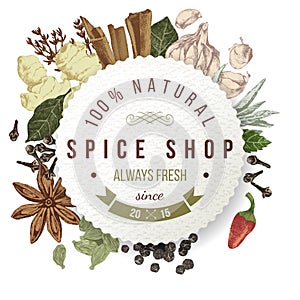 Spice shop paper emblem with different spices photo