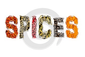 Spice title font with diverse spice photo on white background