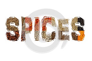 Spice title font with diverse spice photo on white background