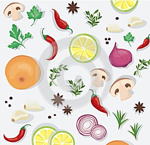 Spice and vegetable foods background vector illustration EPS10