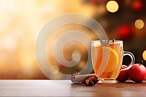 Spiced cider - cider with spices. Against the backdrop of glare and Christmas.