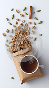 Spiced coffee beans and steaming cup of tea on white surface