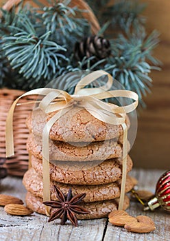 Spiced cookies with almonds. Christmas gifts. Round cookies, tied with ribbon