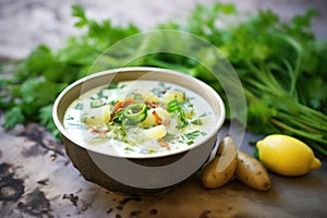 spiced potato raita with whole green chilis garnish