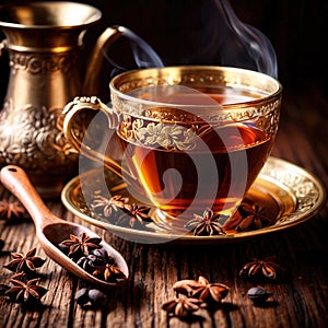 Spiced Tea, fresh brewed spiced tea with spices and masala drink with asian tea leaves