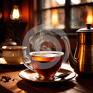 Spiced Tea, fresh brewed spiced tea with spices and masala drink with asian tea leaves