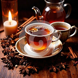 Spiced Tea, fresh brewed spiced tea with spices and masala drink with asian tea leaves