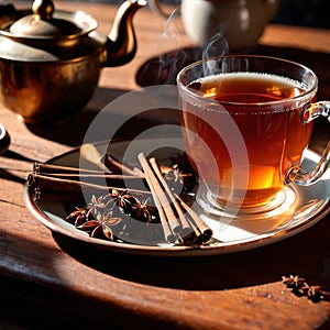 Spiced Tea, fresh brewed spiced tea with spices and masala drink with asian tea leaves