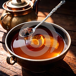 Spiced Tea, fresh brewed spiced tea with spices and masala drink with asian tea leaves