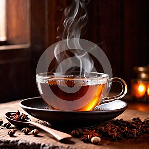 Spiced Tea, fresh brewed spiced tea with spices and masala drink with asian tea leaves