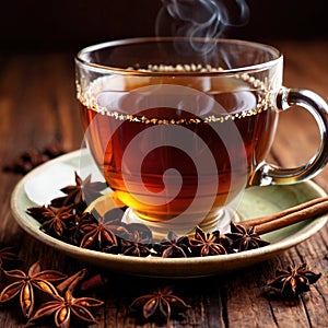 Spiced Tea, fresh brewed spiced tea with spices and masala drink with asian tea leaves