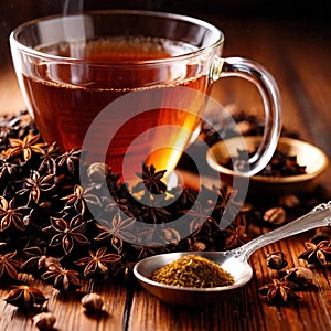 Spiced Tea, fresh brewed spiced tea with spices and masala drink with asian tea leaves