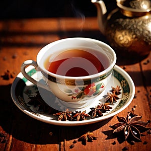 Spiced Tea, fresh brewed spiced tea with spices and masala drink with asian tea leaves