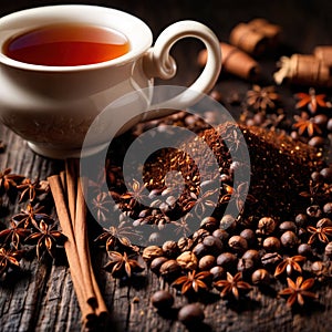 Spiced Tea, fresh brewed spiced tea with spices and masala drink with asian tea leaves