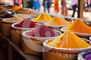 spices arranged in colorful heaps at an open-air market