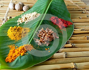 Spices on a banana leaf