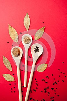 Spices: black pepper, ground red pepper and ground coriander on wooden spoons and Bay leaf on red background