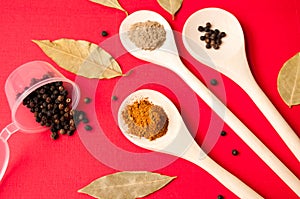Spices: black pepper, ground red pepper and ground coriander on wooden spoons and Bay leaf on red background