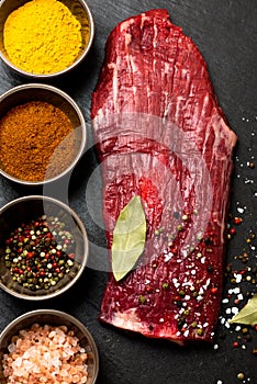 Spices in bowls and raw flank steak