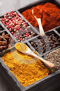 spices in box: pink and black pepper, ground paprika, curry, anise; clove; cumin