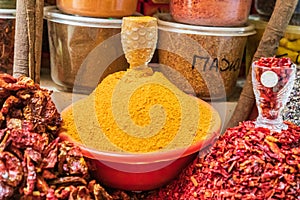 Spices and chili peppers for sale at the Mehrgon Market in Dushanbe