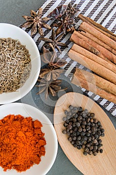 Spices: chillie powder, cinnamon stick, black pepper, cumin seeds and clove flower