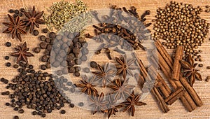 Spices - cloves, peppercorns, star anise, cinnamon sticks, rosemary, coriander are scattered on a kitchen wooden cutting board