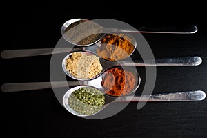 Spices colored in silver spoons