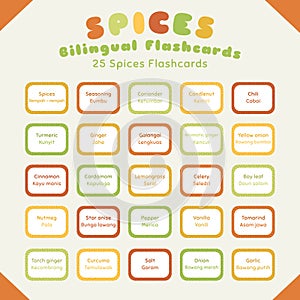 Spices Colorful Bilingual Flashcards Vector Set