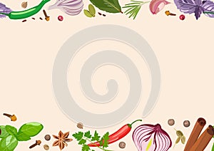 Spices and condiments on light background. Cooking, products. Vector illustration