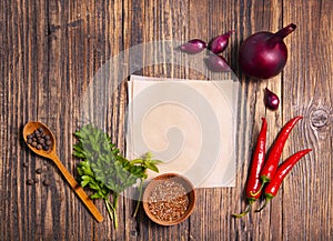 Spices for cooking on a wooden table