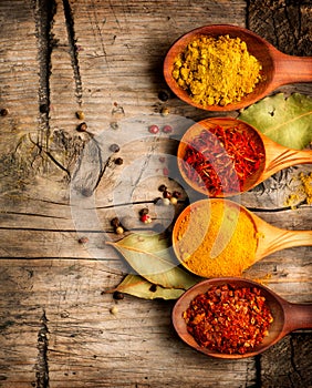 Spices. Curry, saffron, turmeric, cinnamon