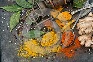 Spices curry turmeric ginger bay leaf paprika powder Food background