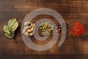 Spices on dark wooden background, view from above