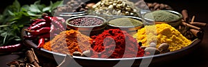 Spices of different colors and tastes. Diversity in the Indian spice market.