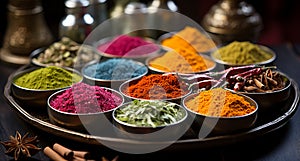 Spices of different colors and tastes. Diversity in the Indian spice market.