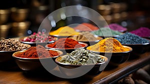 Spices of different colors and tastes. Diversity in the Indian spice market.