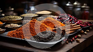 Spices of different colors and tastes. Diversity in the Indian spice market. Large selection of spices for cooking.