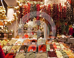 Spices, dried fruits and dried peppers.