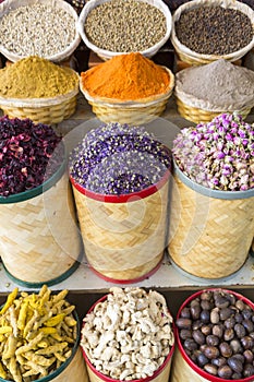 Spices and dried fruits at the market souk in Dubai. UAE