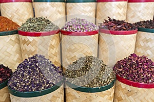 Spices and dried fruits at the market souk in Dubai. UAE