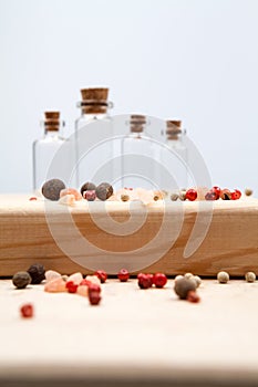 Spices and empty, small glass bottles