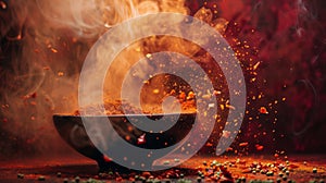 Spices exploding in air with dramatic lighting