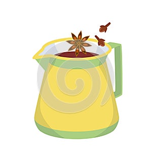 Spices falling into brew pot, yellow teapot with handle and drink, clove and star anise