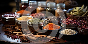 Spices filled bowls and lids on a table