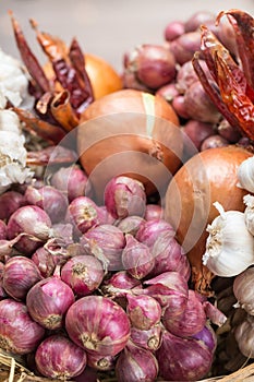 Spices, garlic onions and red onions