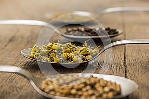 Spices and herbal tea ingredients on spoons