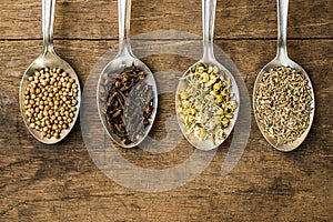 Spices and herbal tea ingredients on spoons photo