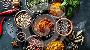 spices and herbs background. large set of seasonings in cups. Herbs that are beneficial to the body, herbs in the Asian